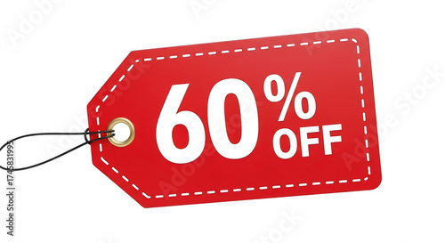 Red tag showing 60 percent off discount isolated on transparent background