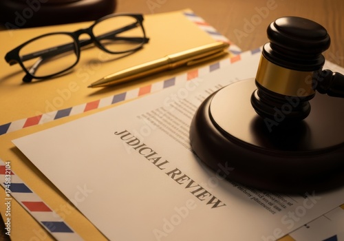 Judicial review document with gavel and eyeglasses on a desk