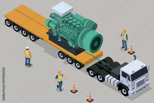 Heavy duty truck transports large industrial engine on flatbed trailer with workers supervising logistics isolated on white background