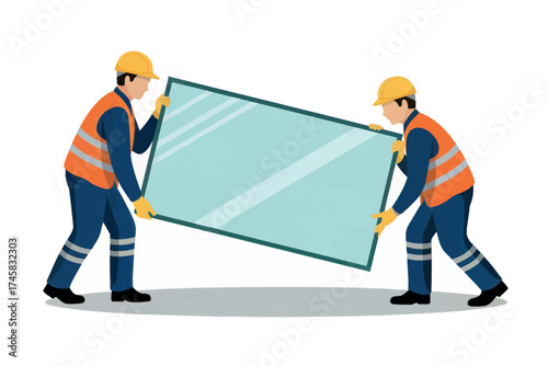 Two construction workers carefully carry a large glass panel together for a project isolated on white background