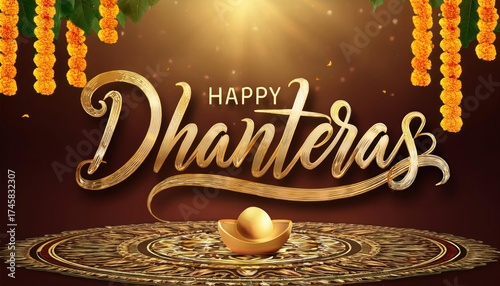Happy Dhanteras Greeting, Festival of Wealth AI Image with Gold Coins and Diyas
