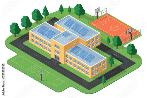 Modern school building with solar panels and sports court isometric view green energy campus environment isolated on white background