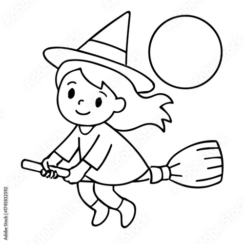 Flying Witch Girl under Full Moon Vector