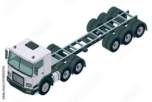 Isometric white truck chassis with multiple axles and green wheels detailed representation isolated on white background