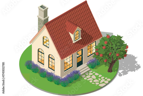 Cozy suburban house with green lawn and tree in isometric view isolated on white background