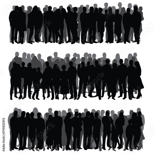 crowd, people, silhouettes, dense, gathering, mass, group, figures, black, gray, shadows, white, background, isolated, multiple, rows, social, event, audience, public, assembly, community, large, numb