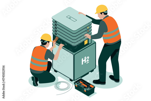Construction workers in hard hats and safety vests assembling industrial machinery and equipment with tools on site isolated on white background
