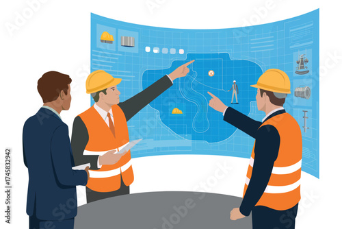 Engineers collaborating discussing project plans on large interactive display teamwork technology and innovation isolated on white background