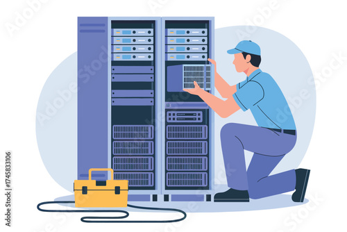 It technician servicing server rack in data center maintenance operations technology support isolated on white background