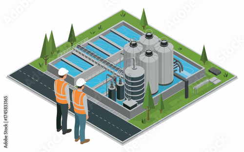 Isometric industrial facility scene with two engineers inspecting modern water treatment plant and greenery isolated on white background