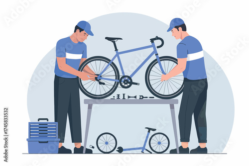 Bicycle mechanics repairing a bike on a workbench with tools and smaller bikes nearby isolated on white background