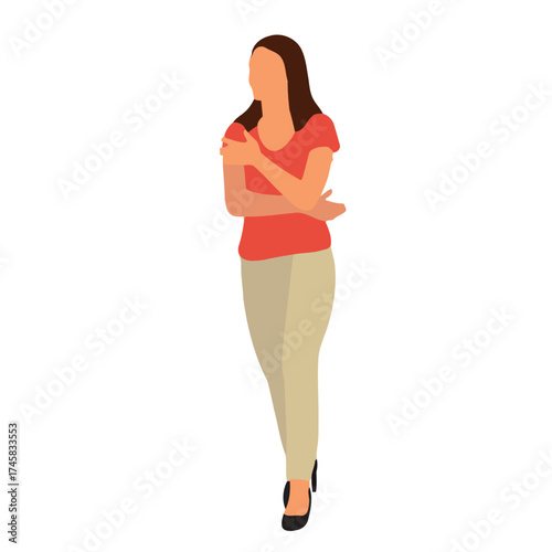 woman, standing, arms crossed, thinking, contemplation, isolated, white background, flat illustration, vector, people, female, adult, casual, clothing, red shirt, beige pants, shoes, posture, gesture,