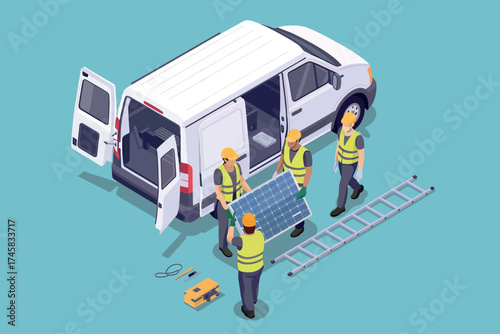 Professional moving service crew loading furniture into white cargo van isometric view logistics isolated on white background