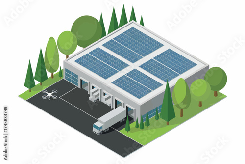 Modern commercial building with rooftop solar panels and truck delivering goods represents sustainable business practices isolated on white background