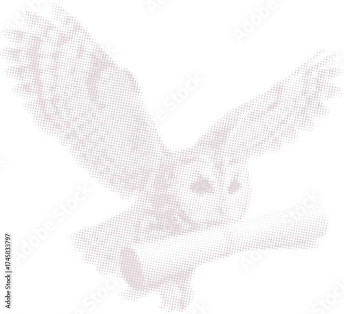 Flying owl delivering a magical scroll. Monochrome halftone dot pattern vector graphic of a messenger bird for fantasy, wisdom, and book-themed designs.