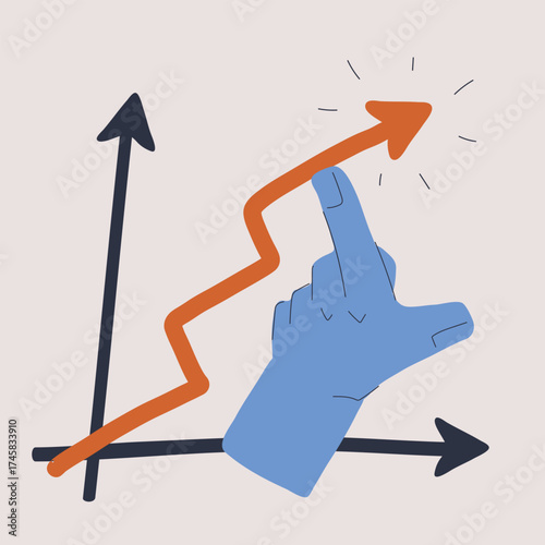 Cartoon vector illustration of a hand supporting a graph line as a metaphor for growth, stability, and guidance in progress