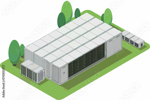 Modern data center facility with server racks and surrounding green landscape isometric view isolated on white background