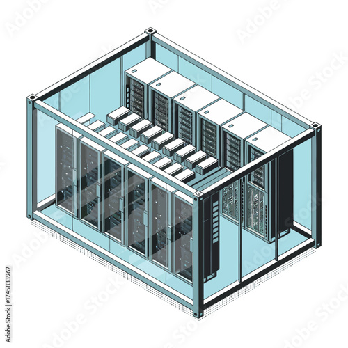 Modern data center server rack configuration with multiple shelves and units of computing equipment in a transparent enclosure isolated on white background