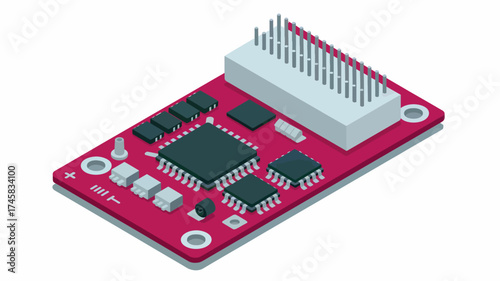 Close-up of a compact red electronic circuit board module with integrated chip and connector isolated on white background