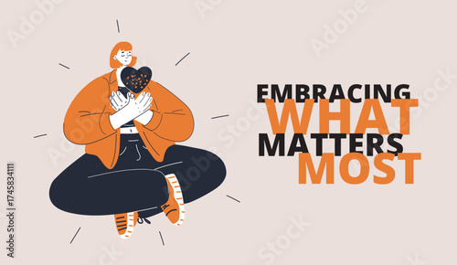 Cartoon vector illustration of a meditating woman holding a heart as a metaphor for balance, compassion, and mindful self-care