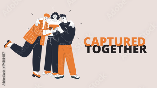 Cartoon vector illustration of two girlfriends and a male friend taking a selfie together
