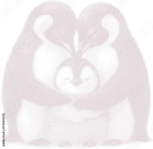 Heartwarming penguin family hug in a minimalist halftone dot style. Cute parent and baby arctic bird vector for t-shirts and nursery decor.