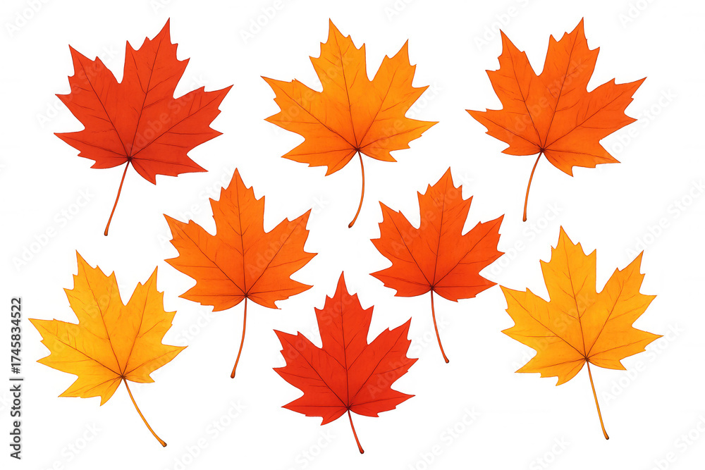 Fototapeta premium Maple leaves in vibrant autumn colors falling, creating a warm season design element on transparent background