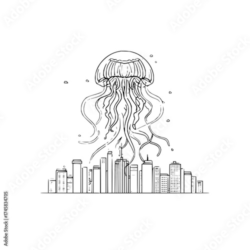 Jellyfish over city skyline drawing illustration for ocean life art and urban landscape design concept art