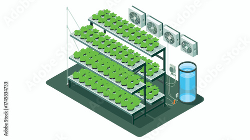 Modern vertical farm system showcasing hydroponic growth and advanced cultivation technology isolated on white background