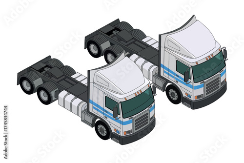 Two semi-truck tractor units side by side displaying freight transportation services and logistics isolated on white background