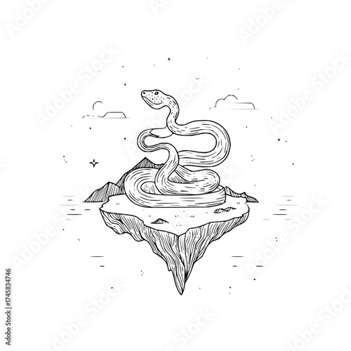 Illustration of a snake on a floating island vector art black and white drawing reptile nature wildlife art