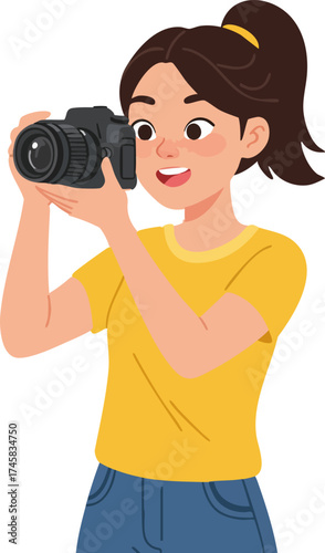 Cartoon Smiling Young Woman Holding Camera Taking Picture Illustration