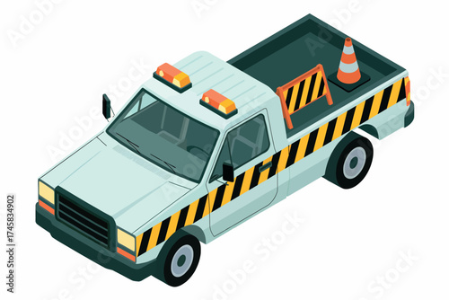 White utility truck with warning lights and traffic cones for roadside assistance and construction work isolated on white background