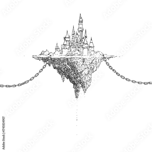 Floating castle drawing fantasy illustration chained island sketch medieval architecture detailed line art digital art