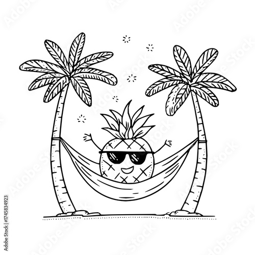 Pineapple summer vacation coloring page tropical fruit hammock palm trees beach relaxation fun for kids and adults