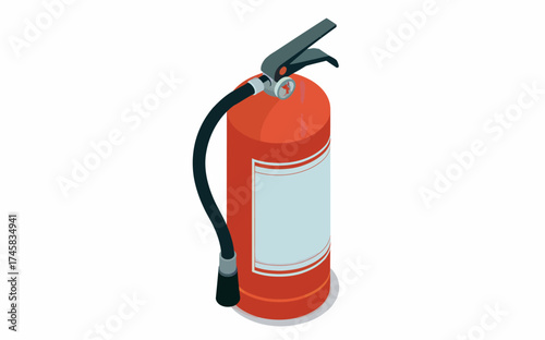 Bright red fire extinguisher with black hose and white label for safety and emergency preparedness isolated on white background