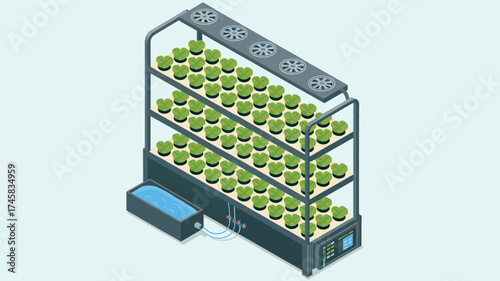 Modern vertical farming system growing fresh produce indoors sustainable agriculture technology concept isolated on white background