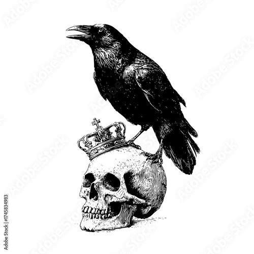 Crow raven skull king crown illustration drawing vector art gothic dark halloween tattoo design graphic
