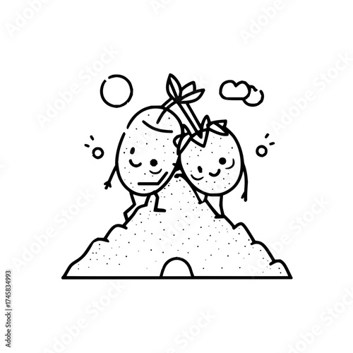 Cute potato and tomato illustration climbing mountain drawing vector art design for kids and adults coloring book page