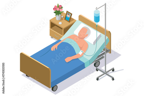 Elderly patient recovering in hospital bed with iv drip and flower arrangement on nightstand isometric view isolated on white background