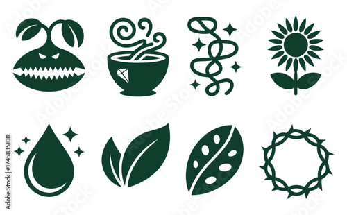 Nature and flora silhouette icon set featuring carnivorous plant potion vine sunflower water drop leaf and thorn symbols simple black vector design perfect for botanical projects