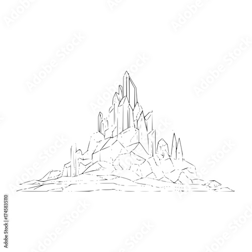 Illustration of a mountain range with jagged peaks and rocky terrain in black and white line art style