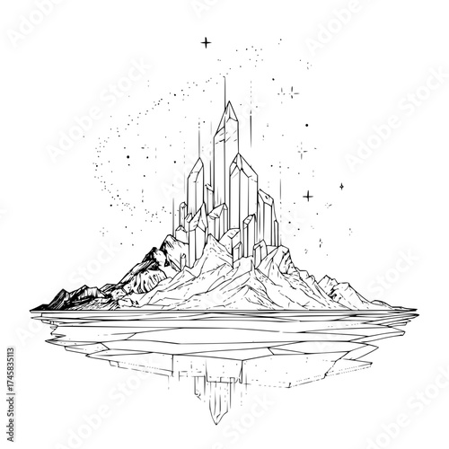 Crystal mountain landscape drawing black and white fantasy art illustration mystical peaks and reflection scene