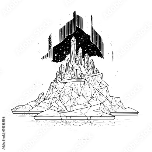 Crystal mountain landscape illustration with stars and geometric shapes vector art design element