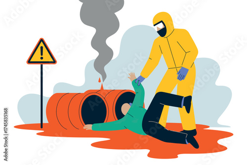 Hazardous material spill response scene with a person in protective gear rescuing another isolated on white background