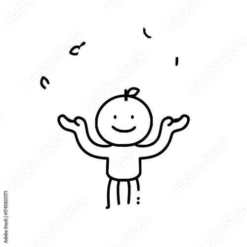 Cartoon illustration of a juggling stick figure character with a happy face simple drawing art design