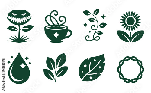 Nature and flora silhouettes including carnivorous plants potion bottles vines sunflowers water drops leaves and thorns perfect for botanical, natural health or witchcraft artwork