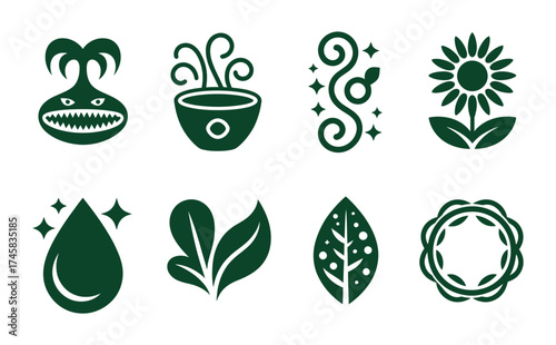 Nature and flora silhouette icon set featuring carnivorous plant potion vine sunflower water drop leaf and thorn symbols simple black vector design perfect for botanical projects