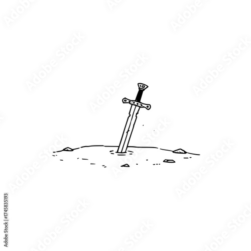 Sword in the stone drawing arthurian legend excalibur fantasy medieval king magic mythical tale illustration