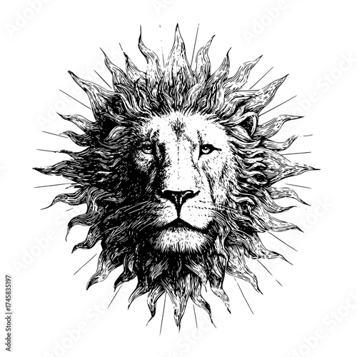 Lion head drawing illustration vector image of a majestic lion with sunburst mane detailed design 100 characters
